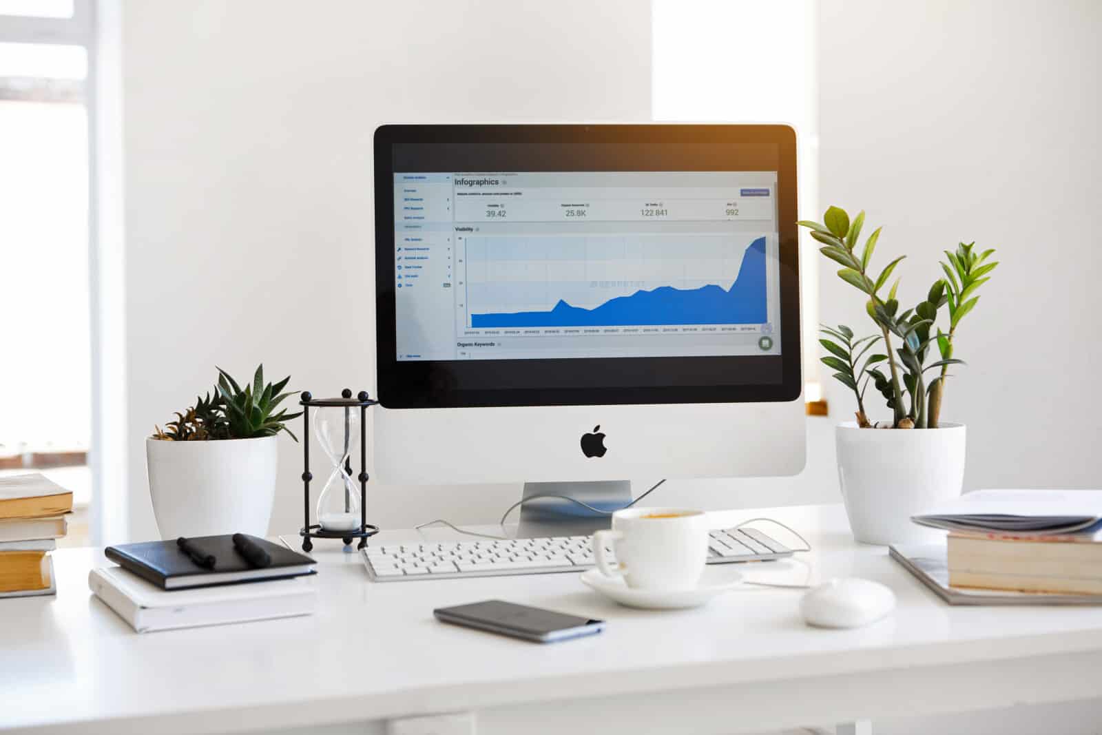 A white desk with a computer screen showing a graph.