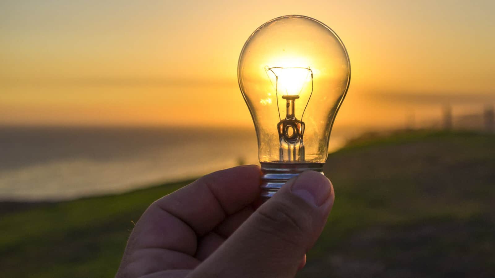 A person holding a light bulb in front of a sunset.