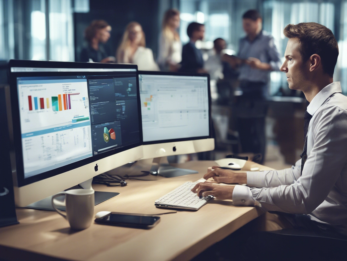 A person works on multiple computer screens displaying charts and data in an office with colleagues in the background.
