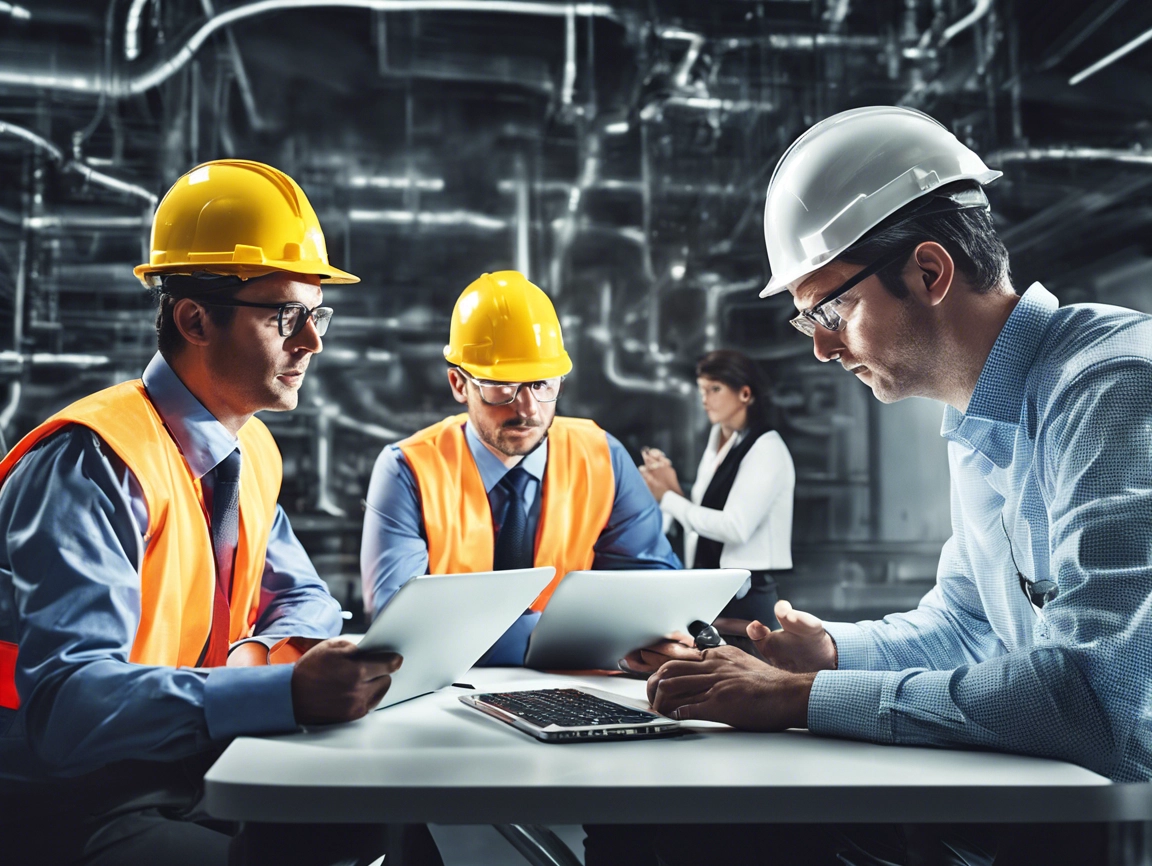 Four engineers wearing safety gear discuss plans at a table in an industrial setting, with machinery in the background.