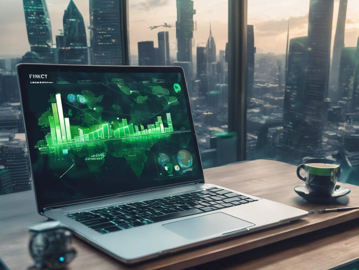 Laptop on a desk displaying green financial graphs, with a futuristic cityscape visible through large windows in the background.