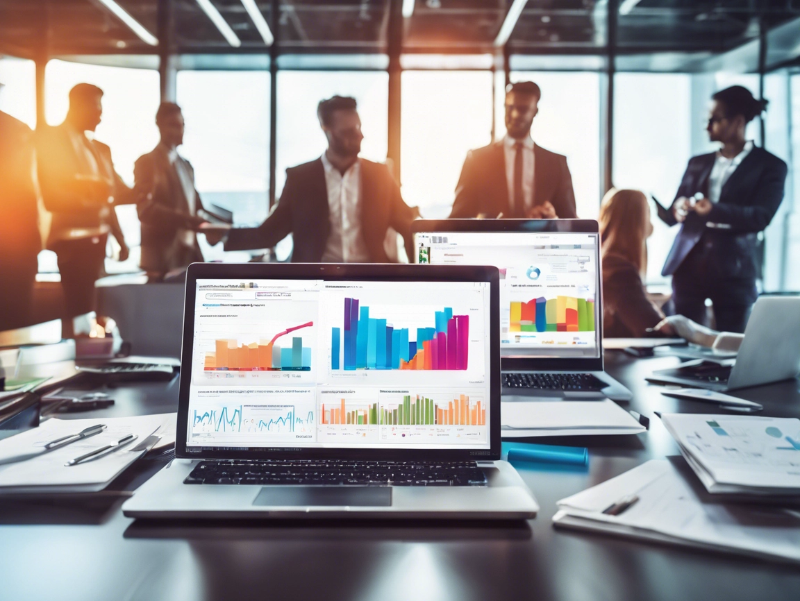 Laptops displaying colorful graphs on a conference table; blurred people in business attire converse in the background.