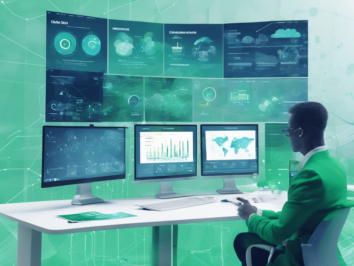 A person in a green jacket works at a desk with multiple computer screens displaying data and graphs in a futuristic setting.