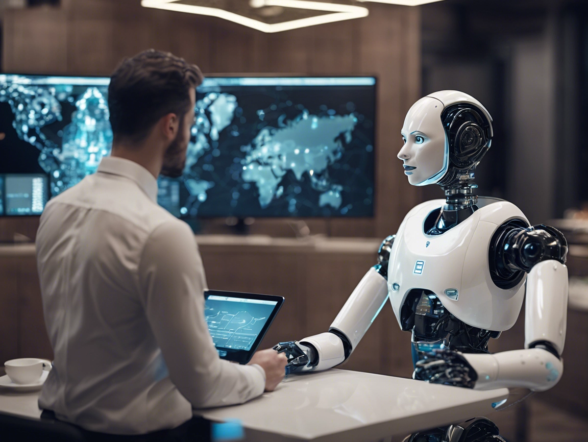 A man in a white shirt interacts with a humanoid robot in an office setting. A world map is displayed on large screens in the background.