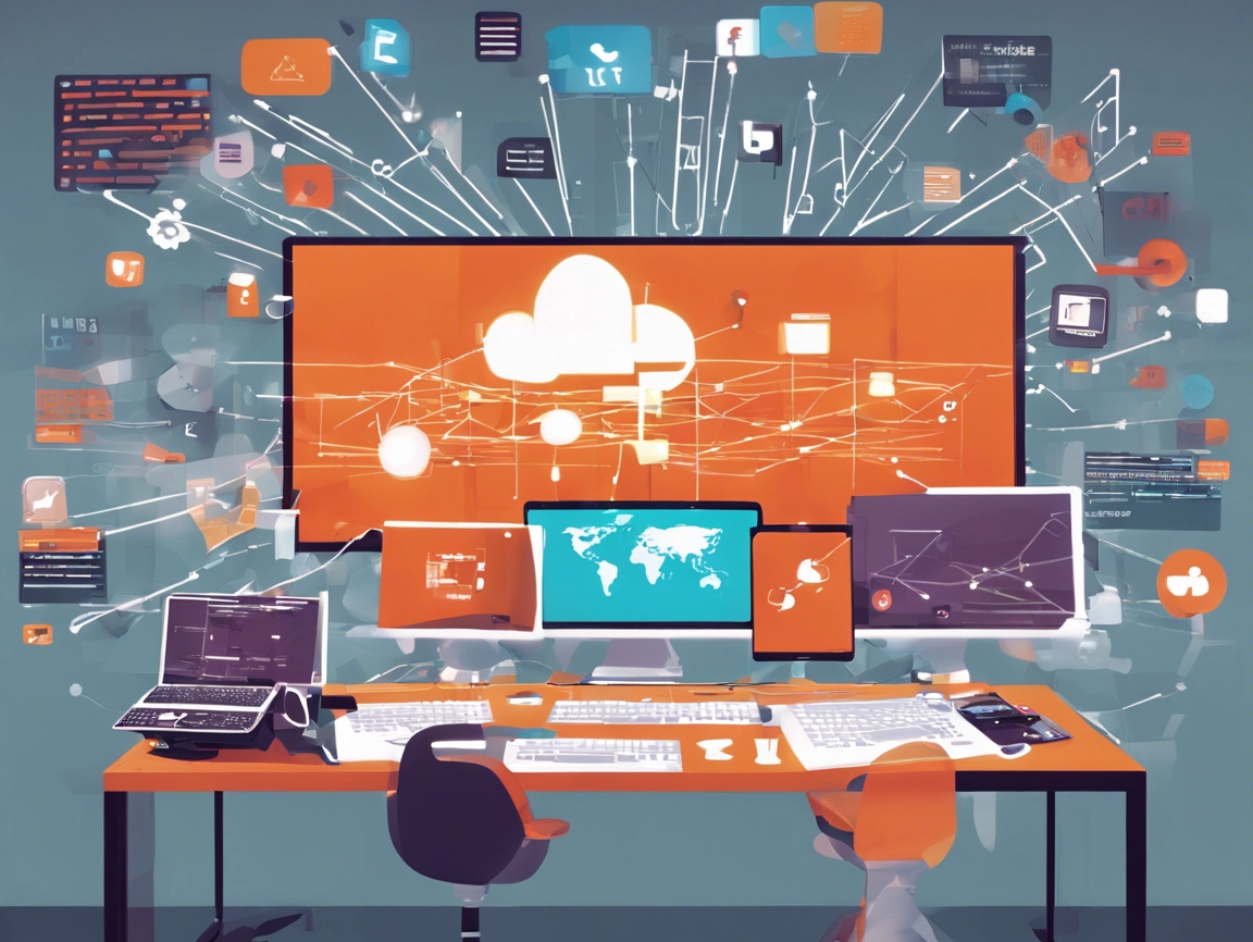 A digital workspace featuring multiple screens, showing cloud computing graphics and interconnected data networks, with laptops and tablets on a desk.