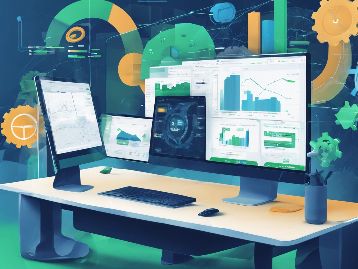 Two computer monitors display graphs and data charts in a modern workspace, with colorful icons and gears in the background.