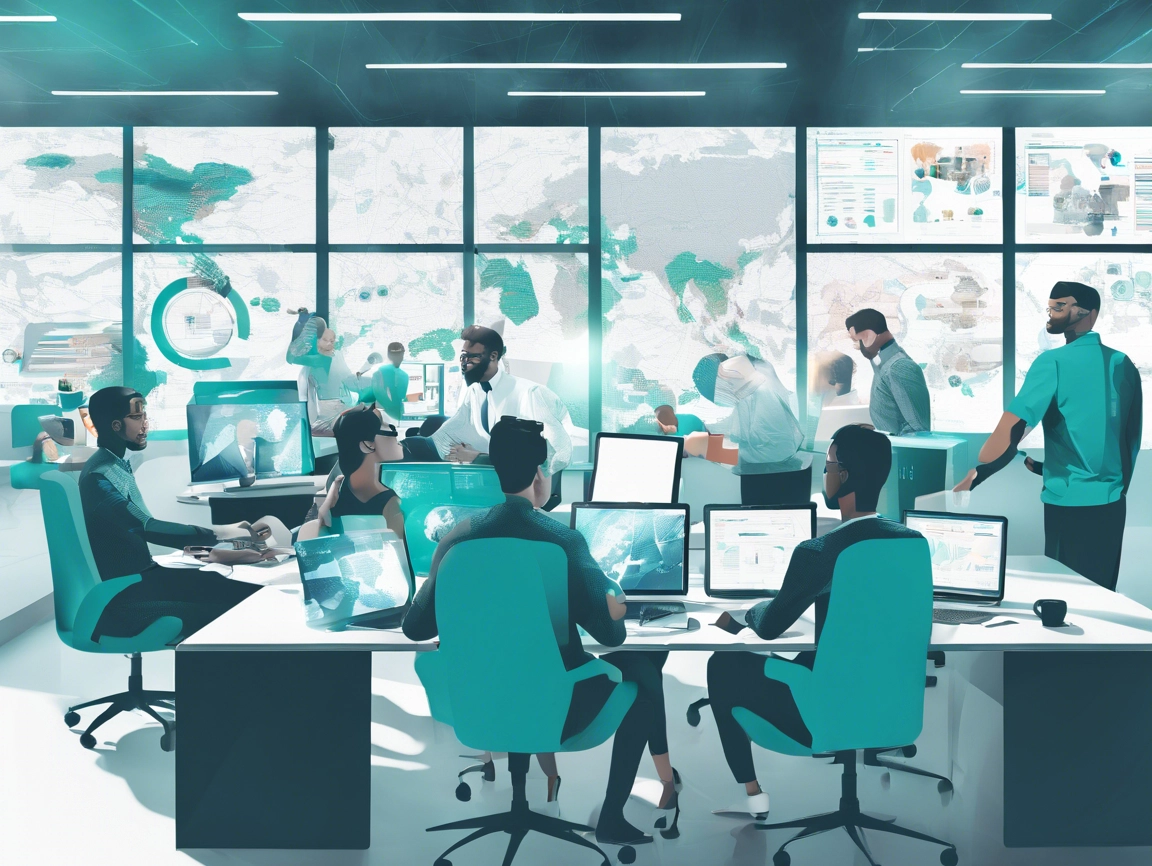 People working in a high-tech control room with multiple screens displaying maps and data.