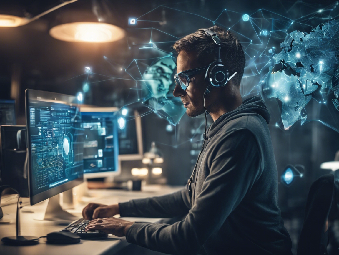 A person wearing headphones works at a computer, surrounded by digital graphics and a world map hologram, in a dimly lit room.