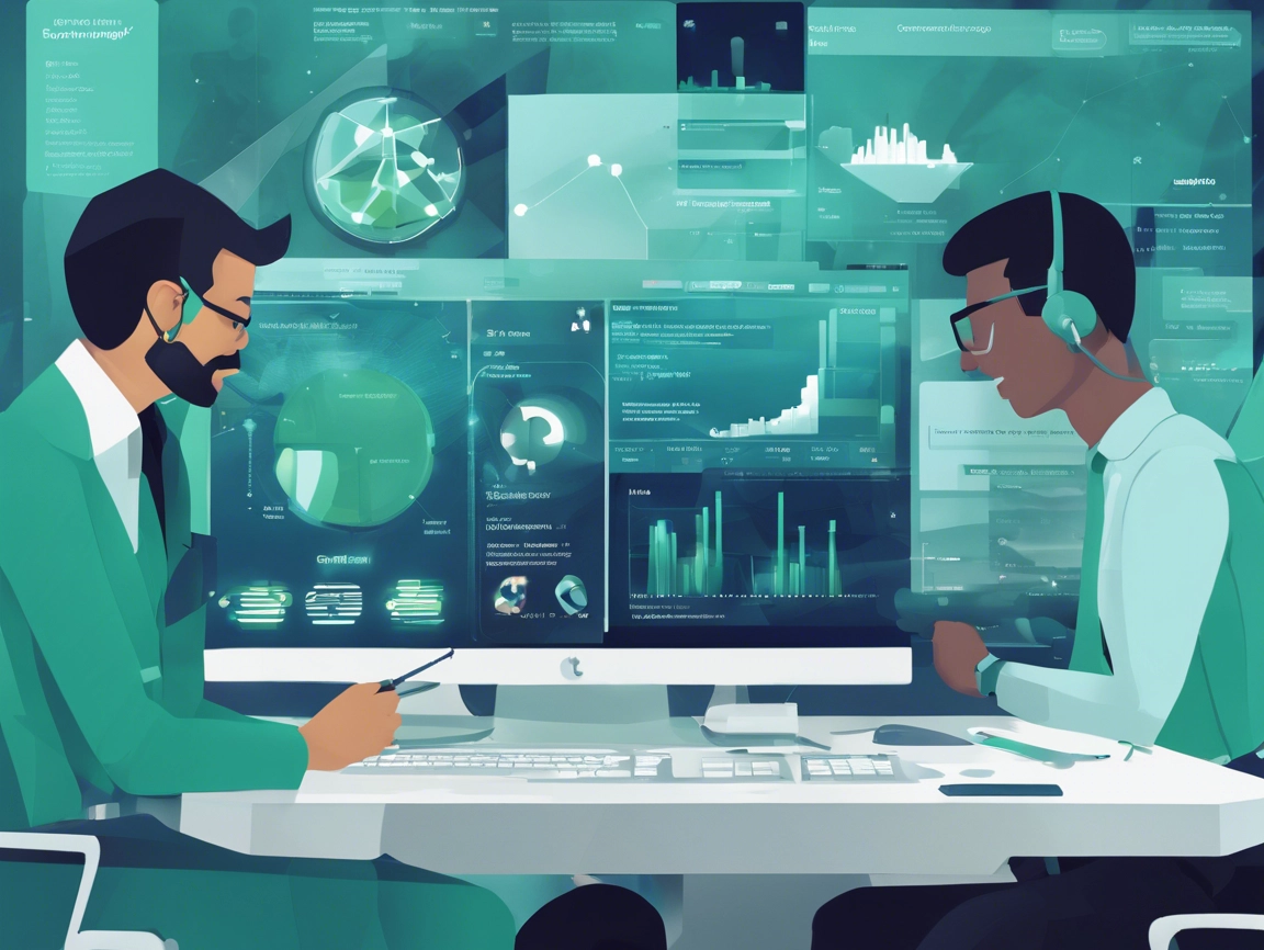Two individuals at a desk work on computers displaying various data graphs and charts, both wearing business attire, with one using a headset.