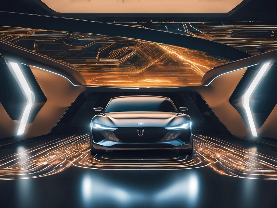 Futuristic car in a sleek, illuminated showroom with abstract circuit-like patterns on the floor and walls.