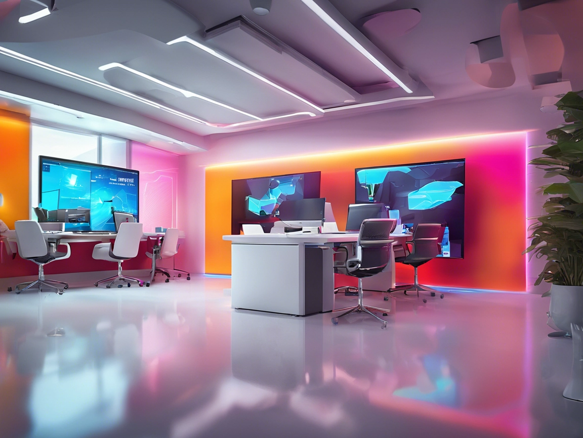 A modern office space with neon lighting, multiple computer desks, and large digital screens on orange and pink walls.