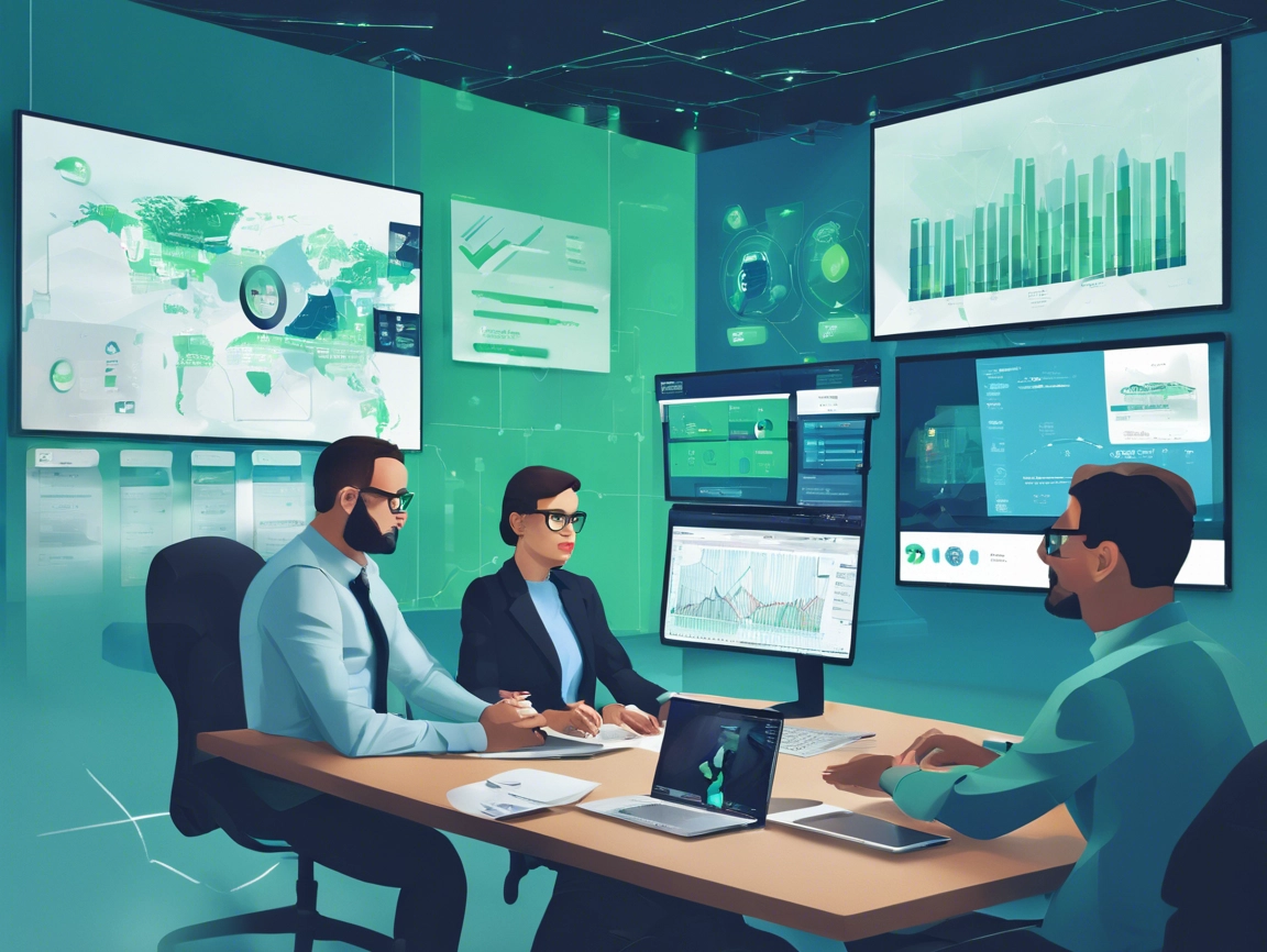 Three individuals in a modern office setting analyze data displayed on multiple screens, with charts and graphs visible.