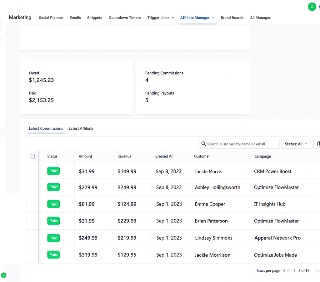 Screenshot of an affiliate manager dashboard showing commissions owed, pending commissions, pending payouts, and a table of recent paid commissions with campaign and customer details.