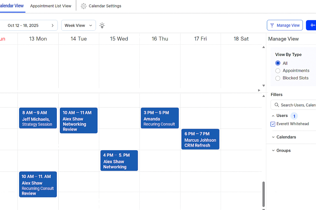 A digital calendar week view from October 12–18, 2025, displays several blue event blocks for appointments, primarily networking reviews and consults.