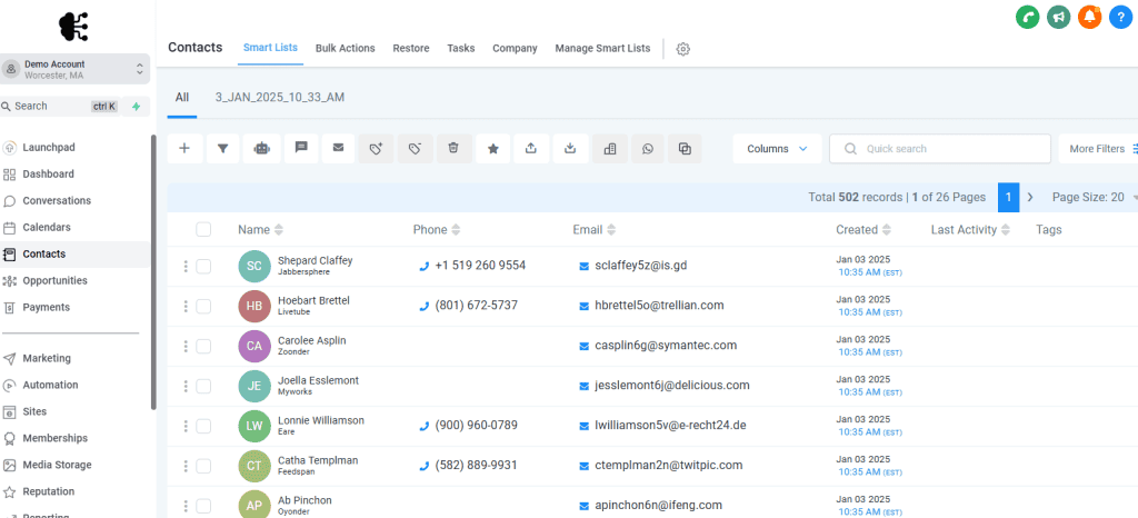 A contact management software interface showing a list of contacts with names, emails, phone numbers, and activities. Icons for various functions are visible at the top.