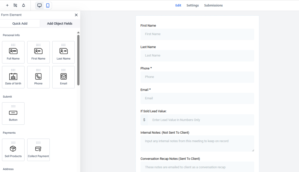 A web form builder interface showing draggable form elements on the left and a customizable form with fields for personal information on the right.