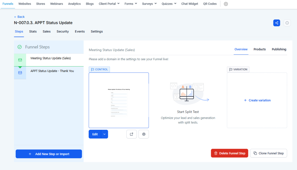 Screenshot of a web interface showing funnel steps for an appointment status update, with options to edit, create variations, and start a split test.