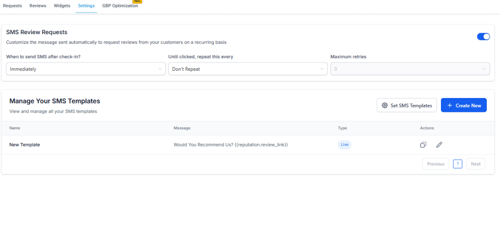 Screenshot of an SMS review request settings page, showing options for SMS timing, retries, and a list of SMS templates with one template listed.