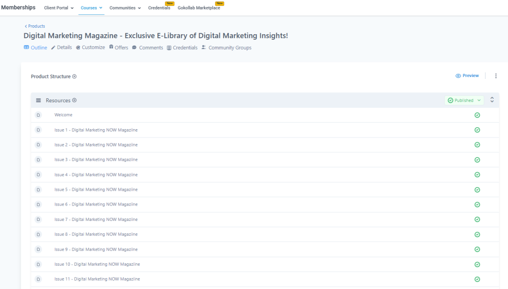 Screenshot of a digital library dashboard showing a list of digital marketing magazine issues, all published, under the "Digital Marketing Magazine" product section.