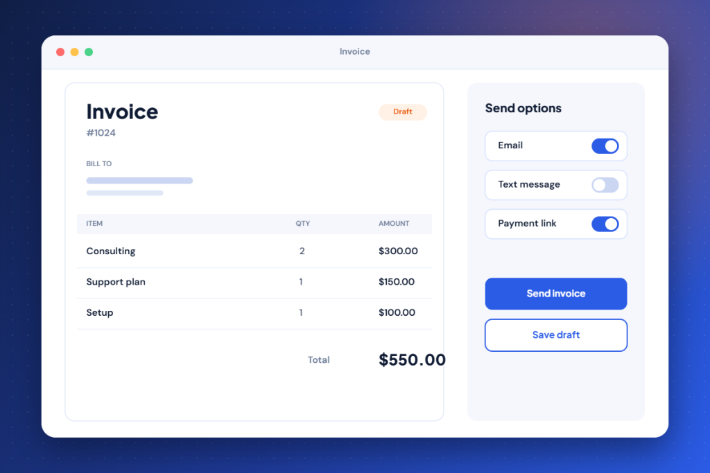 An invoice editor showing line items, a total and send options.