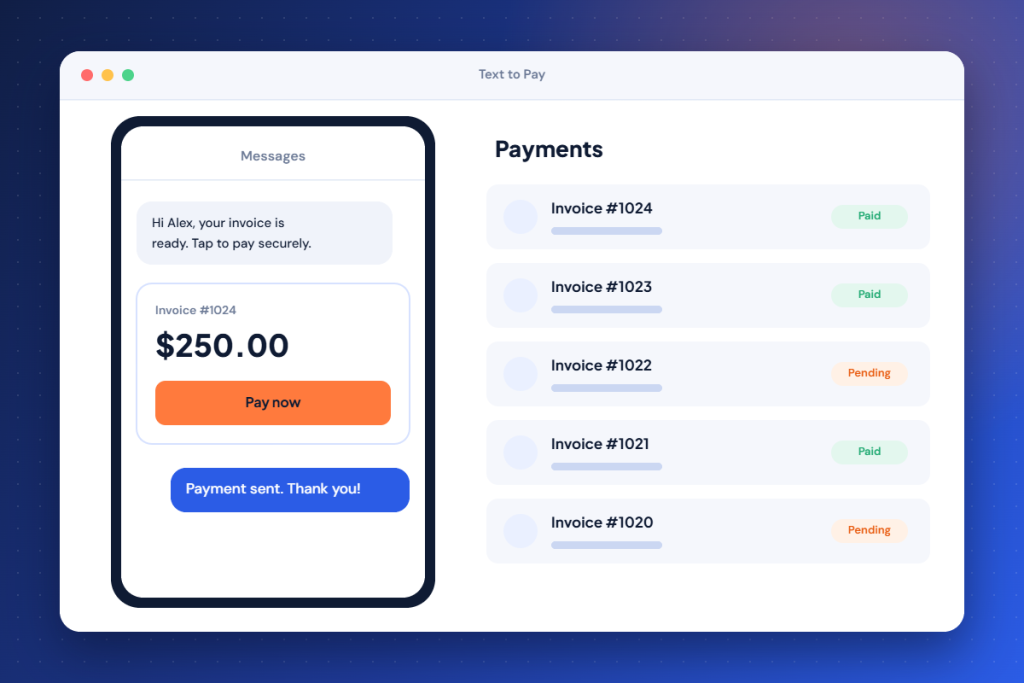A text message with a payment link and a list of paid and pending invoices.
