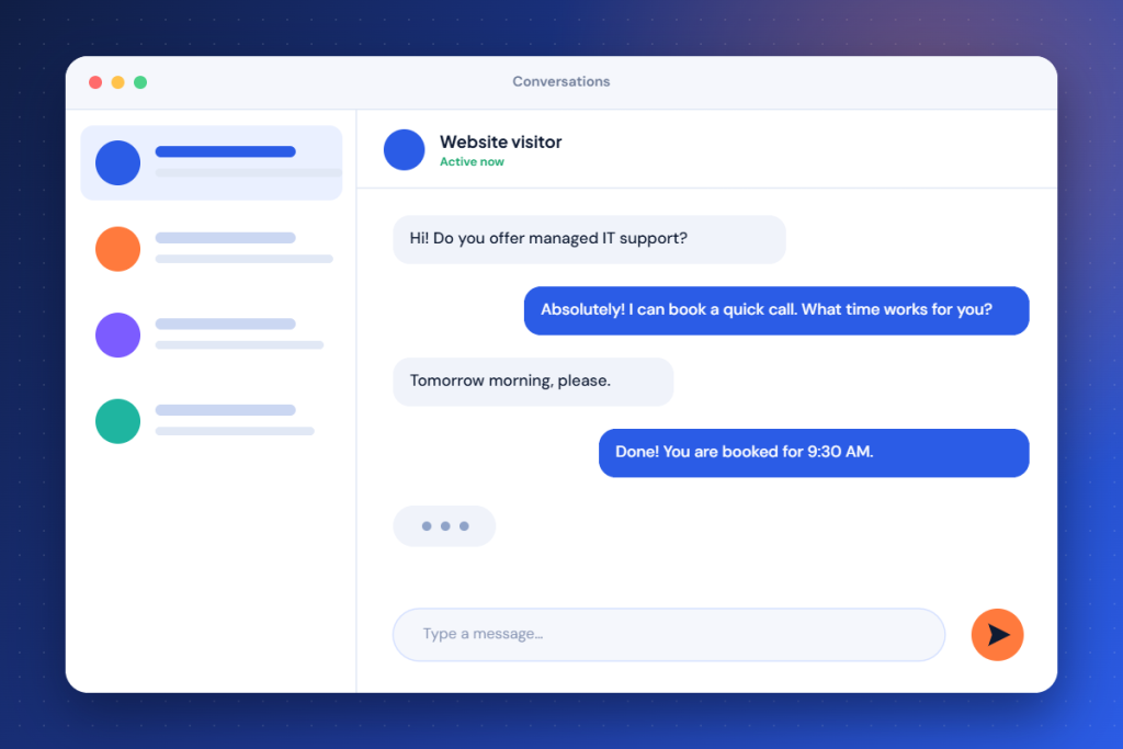 A chat window showing a visitor conversation, with a reply booking a call.