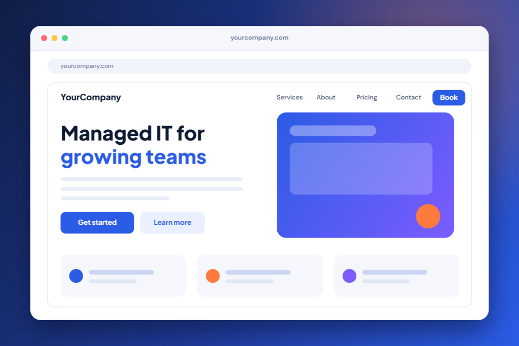 A website builder preview showing a managed IT company home page.